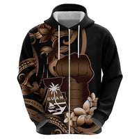 Brown Hafa Adai Guam Hoodie Chamorro Latte Stone Hand With Plumeria