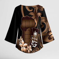 Brown Hafa Adai Guam Kimono Sleeve Blouse Chamorro Latte Stone Hand With Plumeria - Polynesian Pride