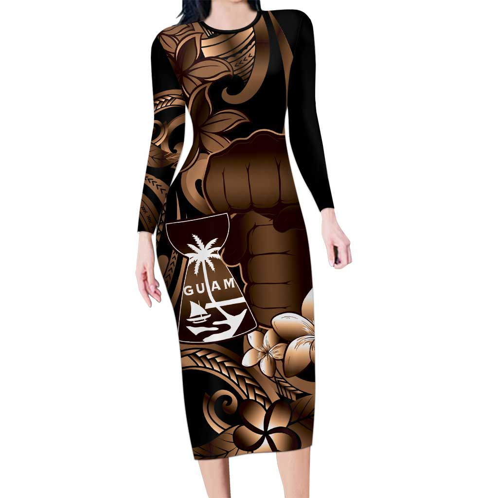 Brown Hafa Adai Guam Long Sleeve Bodycon Dress Chamorro Latte Stone Hand With Plumeria