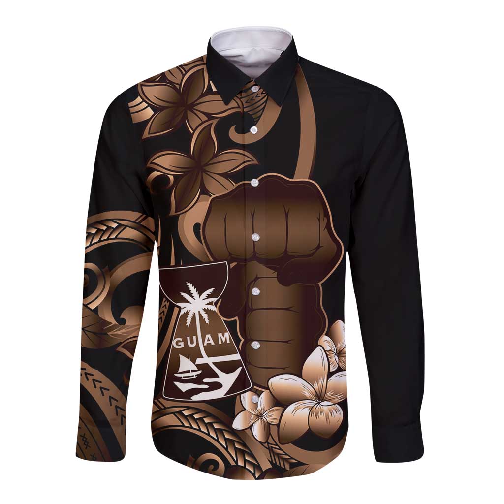 Brown Hafa Adai Guam Long Sleeve Button Shirt Chamorro Latte Stone Hand With Plumeria