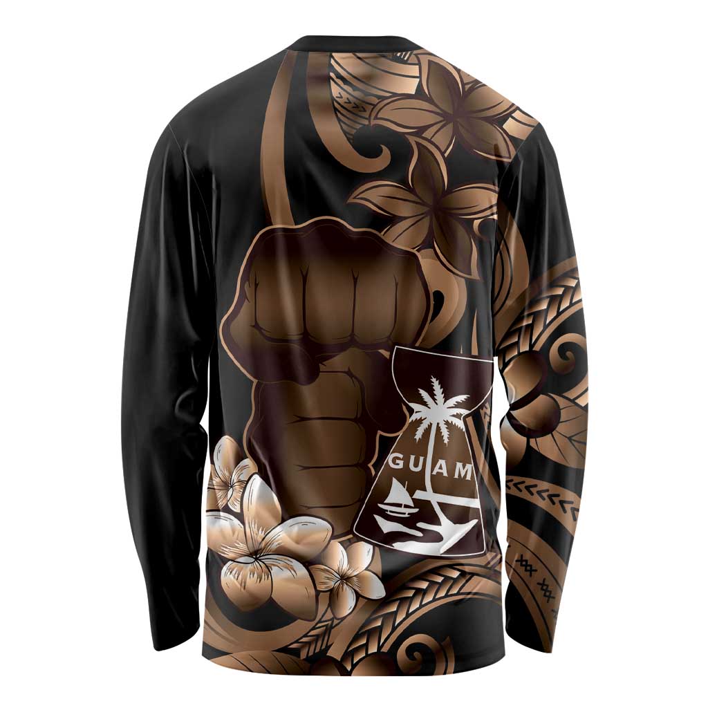 Brown Hafa Adai Guam Long Sleeve Shirt Chamorro Latte Stone Hand With Plumeria