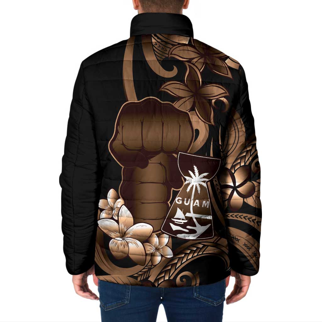 Brown Hafa Adai Guam Padded Jacket Chamorro Latte Stone Hand With Plumeria - Polynesian Pride