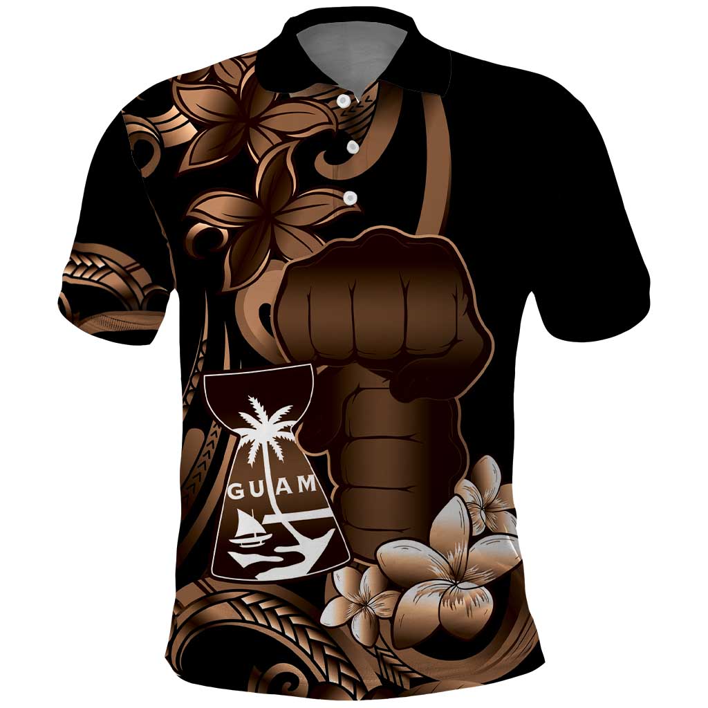 Brown Hafa Adai Guam Polo Shirt Chamorro Latte Stone Hand With Plumeria