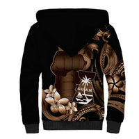 Brown Hafa Adai Guam Sherpa Hoodie Chamorro Latte Stone Hand With Plumeria LT14 - Polynesian Pride