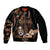 Brown Hafa Adai Guam Sleeve Zip Bomber Jacket Chamorro Latte Stone Hand With Plumeria