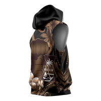 Brown Hafa Adai Guam Sleeveless Hoodie Chamorro Latte Stone Hand With Plumeria - Polynesian Pride