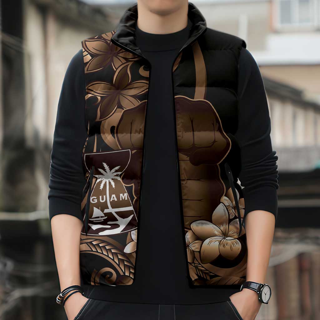 Brown Hafa Adai Guam Sleeveless Puffer Jacket Chamorro Latte Stone Hand With Plumeria - Polynesian Pride