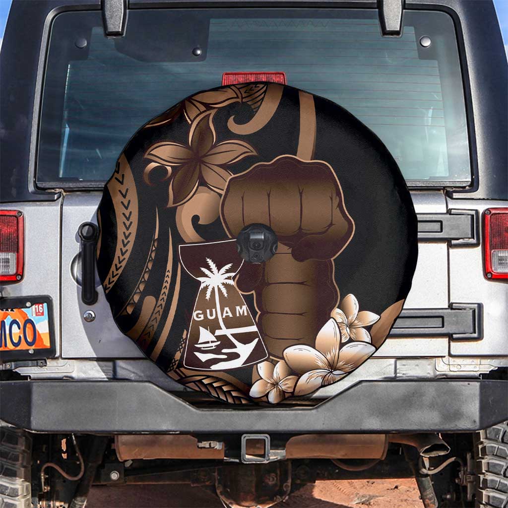 Brown Hafa Adai Guam Spare Tire Cover Chamorro Latte Stone Hand With Plumeria