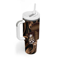 Brown Hafa Adai Guam Tumbler With Handle Chamorro Latte Stone Hand With Plumeria