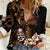 Brown Hafa Adai Guam Women Casual Shirt Chamorro Latte Stone Hand With Plumeria