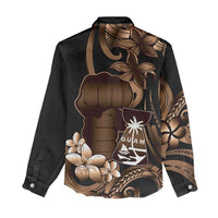 Brown Hafa Adai Guam Women Casual Shirt Chamorro Latte Stone Hand With Plumeria