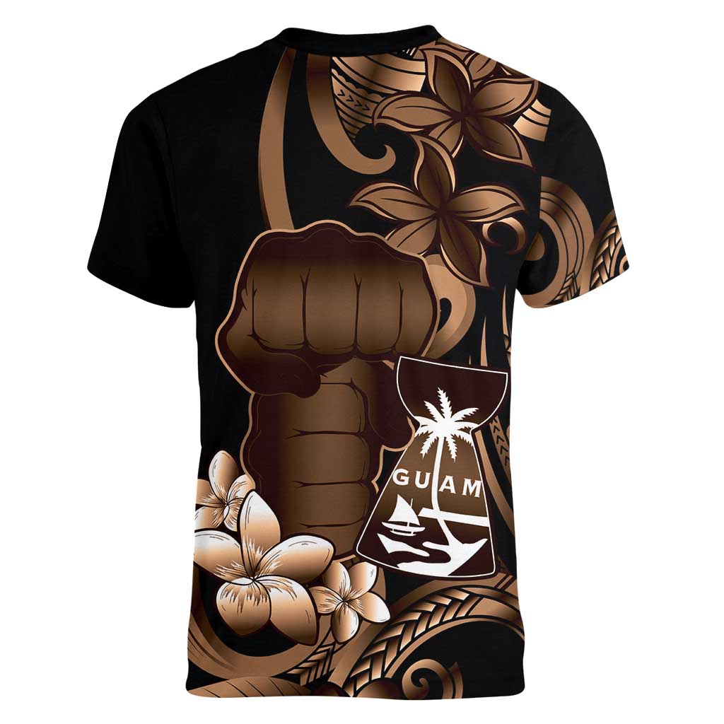 Brown Hafa Adai Guam Women V-Neck T-Shirt Chamorro Latte Stone Hand With Plumeria