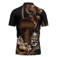 Brown Hafa Adai Guam Zipper Polo Shirt Chamorro Latte Stone Hand With Plumeria - Polynesian Pride