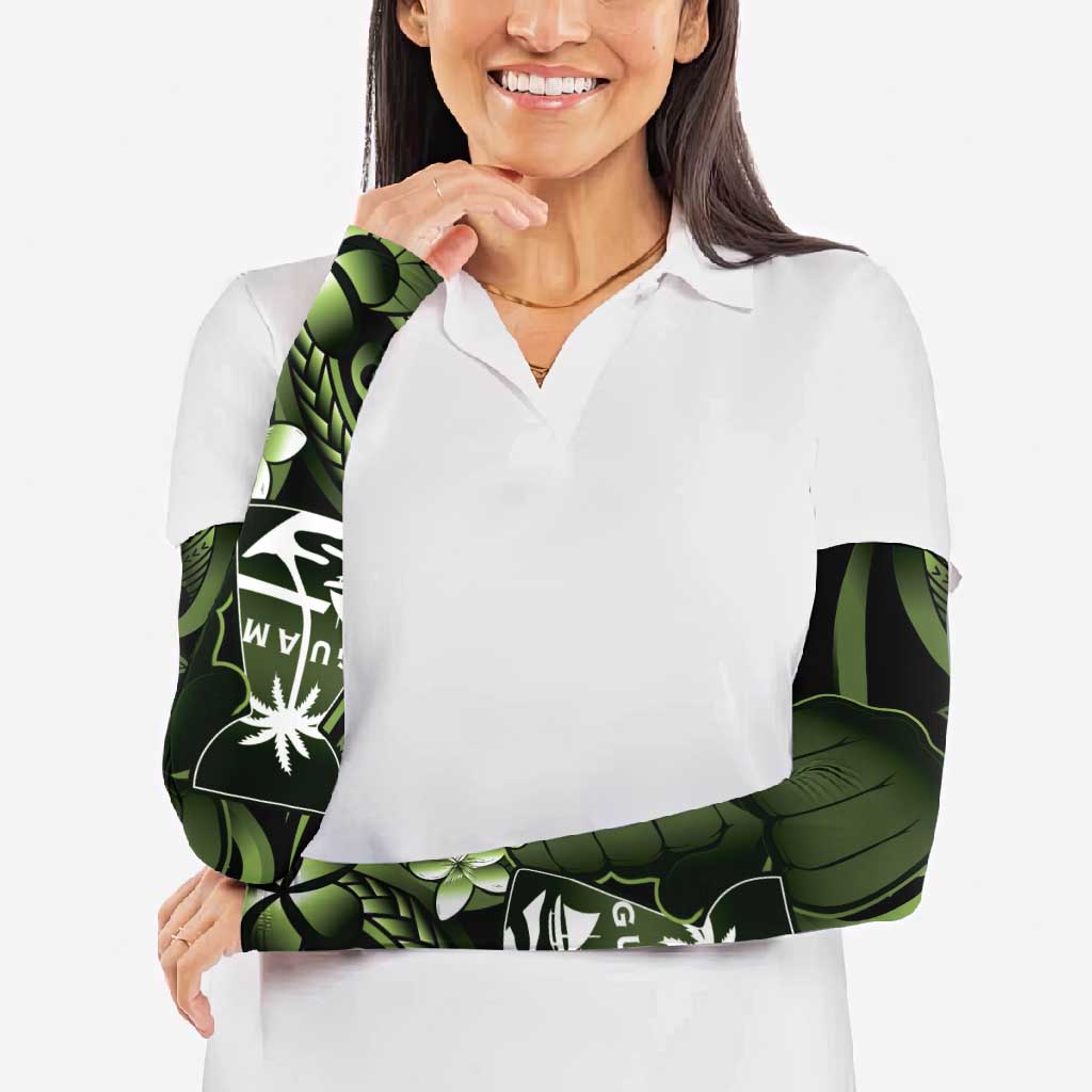 Green Hafa Adai Guam Arm Sleeves Chamorro Latte Stone Hand With Plumeria - Polynesian Pride