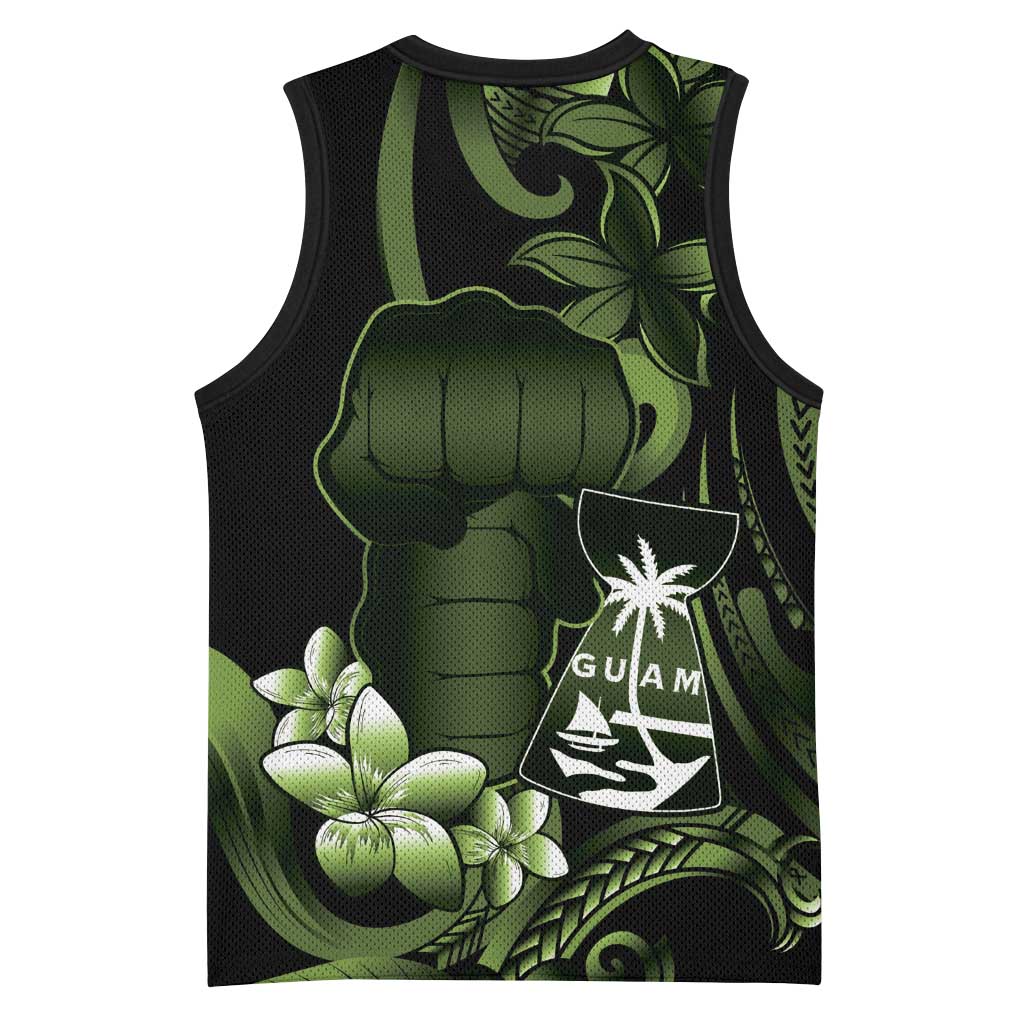 Green Hafa Adai Guam Basketball Jersey Chamorro Latte Stone Hand With Plumeria - Polynesian Pride