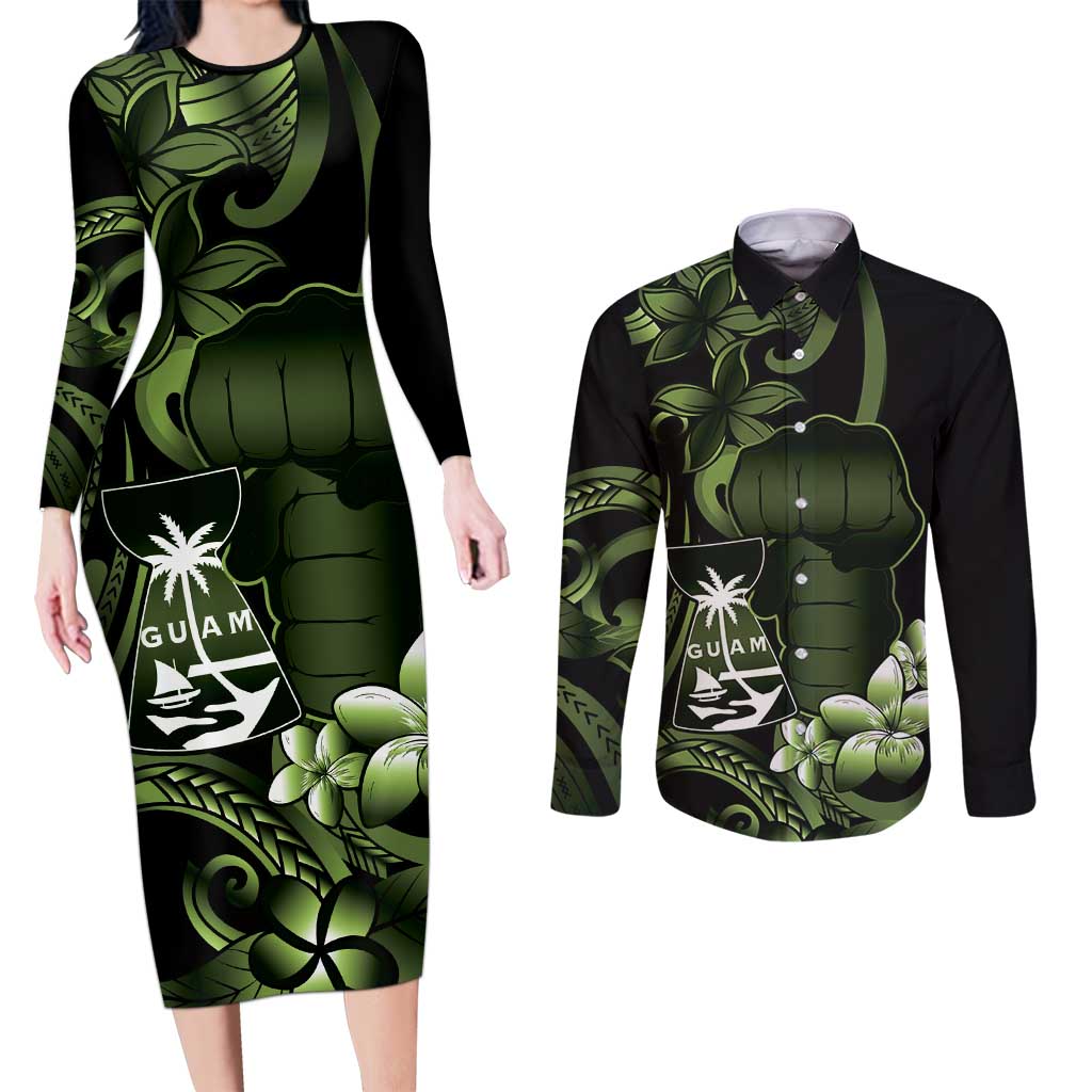 Green Hafa Adai Guam Couples Matching Long Sleeve Bodycon Dress and Long Sleeve Button Shirt Chamorro Latte Stone Hand With Plumeria