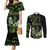 Green Hafa Adai Guam Couples Matching Mermaid Dress and Long Sleeve Button Shirt Chamorro Latte Stone Hand With Plumeria