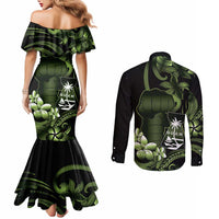 Green Hafa Adai Guam Couples Matching Mermaid Dress and Long Sleeve Button Shirt Chamorro Latte Stone Hand With Plumeria
