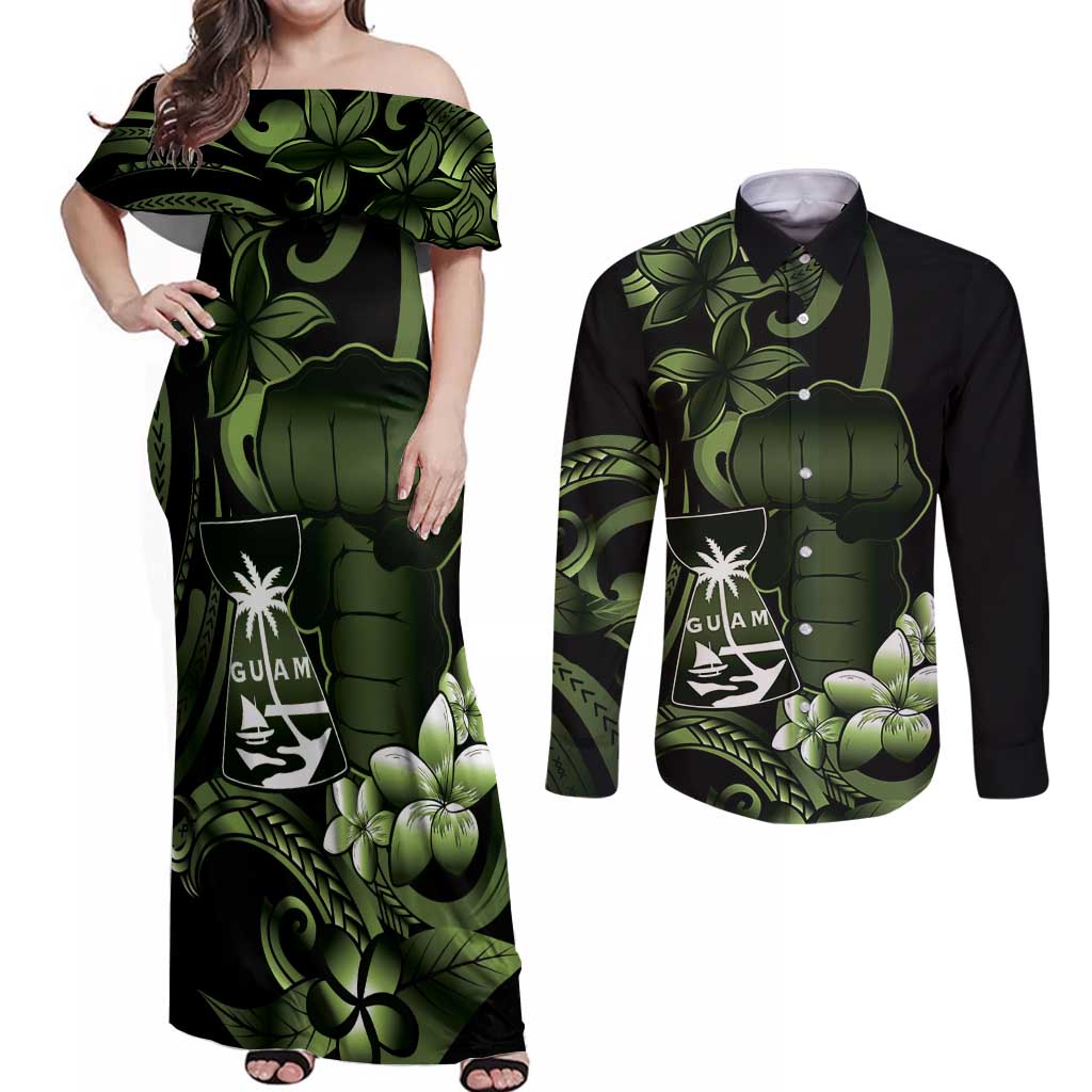 Green Hafa Adai Guam Couples Matching Off Shoulder Maxi Dress and Long Sleeve Button Shirt Chamorro Latte Stone Hand With Plumeria