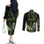 Green Hafa Adai Guam Couples Matching Off The Shoulder Long Sleeve Dress and Long Sleeve Button Shirt Chamorro Latte Stone Hand With Plumeria