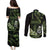Green Hafa Adai Guam Couples Matching Puletasi and Long Sleeve Button Shirt Chamorro Latte Stone Hand With Plumeria
