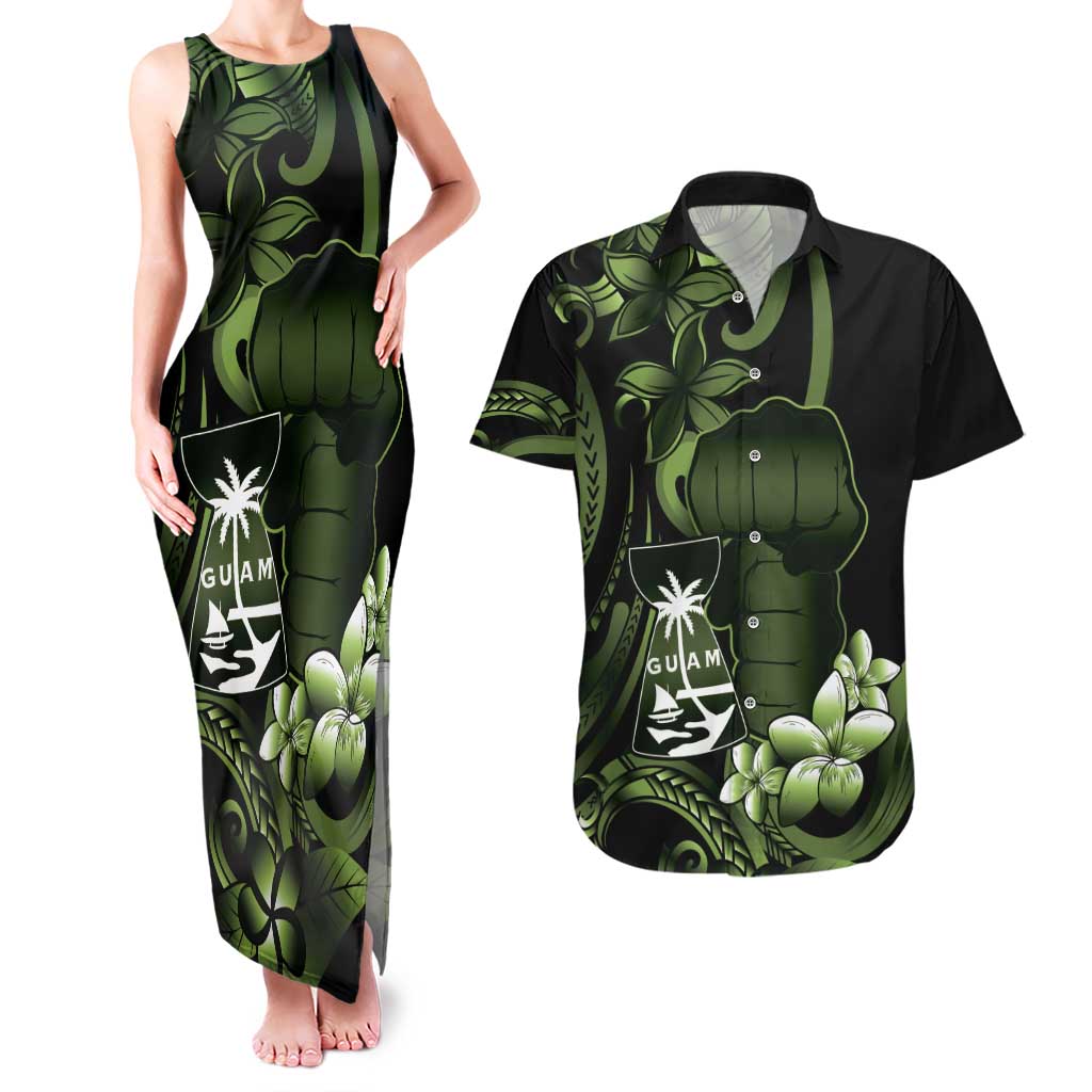 Green Hafa Adai Guam Couples Matching Tank Maxi Dress and Hawaiian Shirt Chamorro Latte Stone Hand With Plumeria