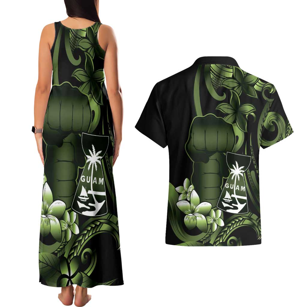 Green Hafa Adai Guam Couples Matching Tank Maxi Dress and Hawaiian Shirt Chamorro Latte Stone Hand With Plumeria