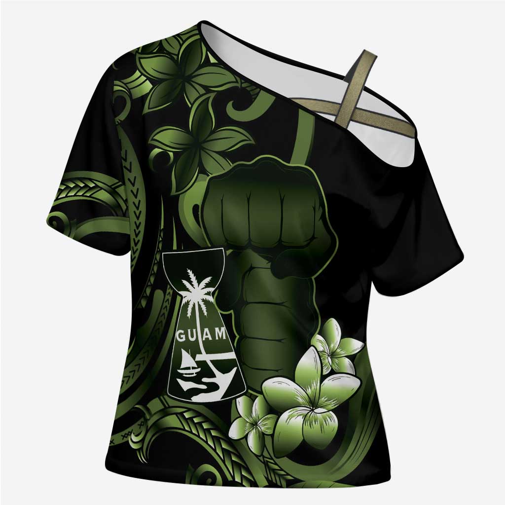Green Hafa Adai Guam Cross Shoulder Shirt Chamorro Latte Stone Hand With Plumeria - Polynesian Pride