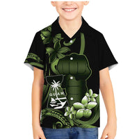 Green Hafa Adai Guam Family Matching Mermaid Dress and Hawaiian Shirt Chamorro Latte Stone Hand With Plumeria