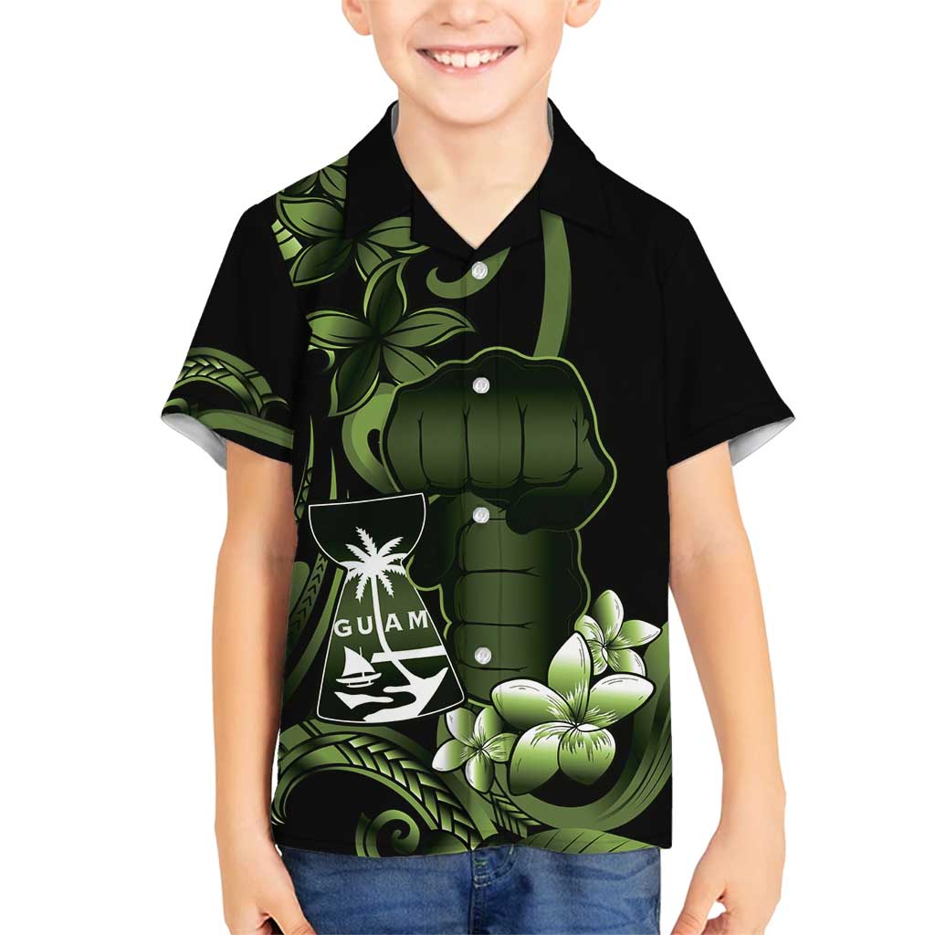 Green Hafa Adai Guam Family Matching Off Shoulder Maxi Dress and Hawaiian Shirt Chamorro Latte Stone Hand With Plumeria