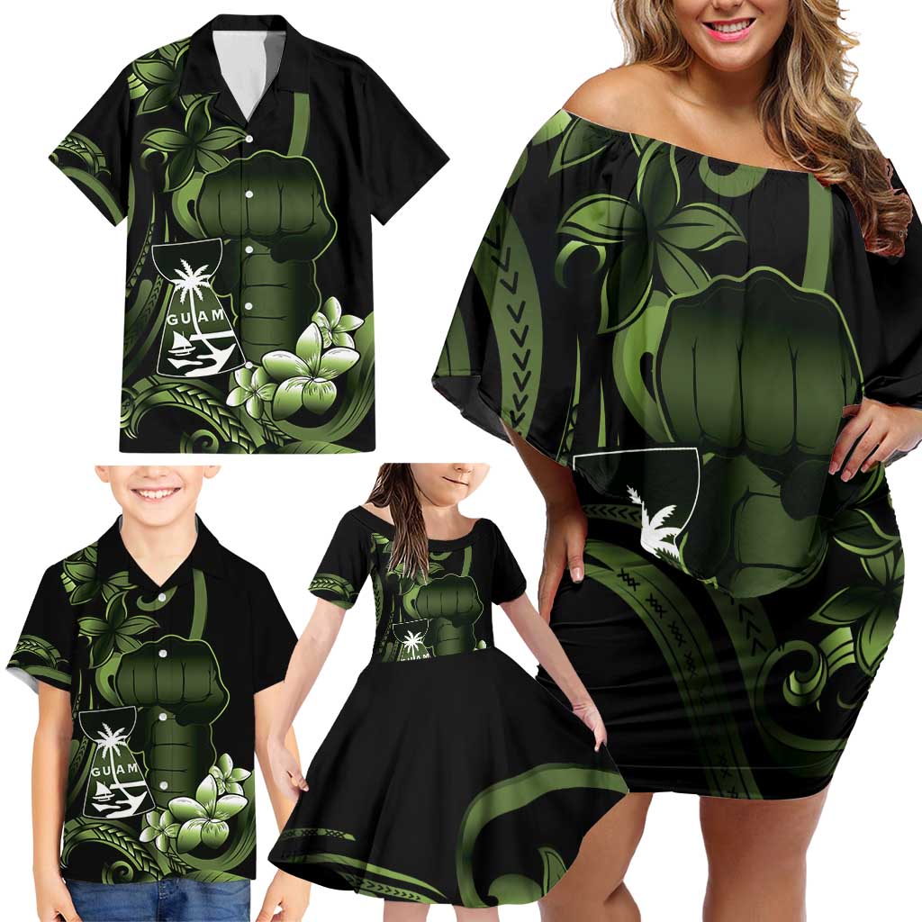 Green Hafa Adai Guam Family Matching Off Shoulder Short Dress and Hawaiian Shirt Chamorro Latte Stone Hand With Plumeria