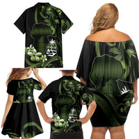 Green Hafa Adai Guam Family Matching Off Shoulder Short Dress and Hawaiian Shirt Chamorro Latte Stone Hand With Plumeria