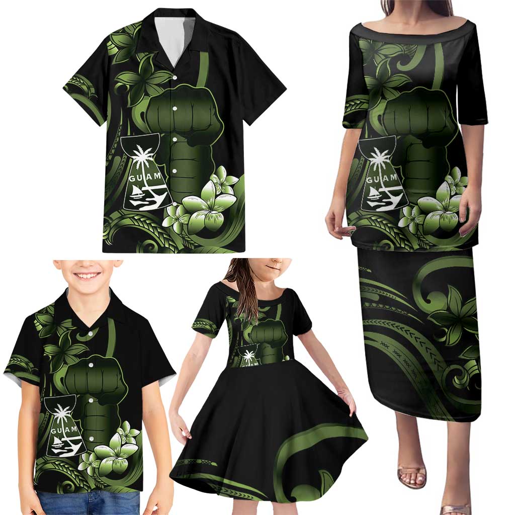 Green Hafa Adai Guam Family Matching Puletasi and Hawaiian Shirt Chamorro Latte Stone Hand With Plumeria