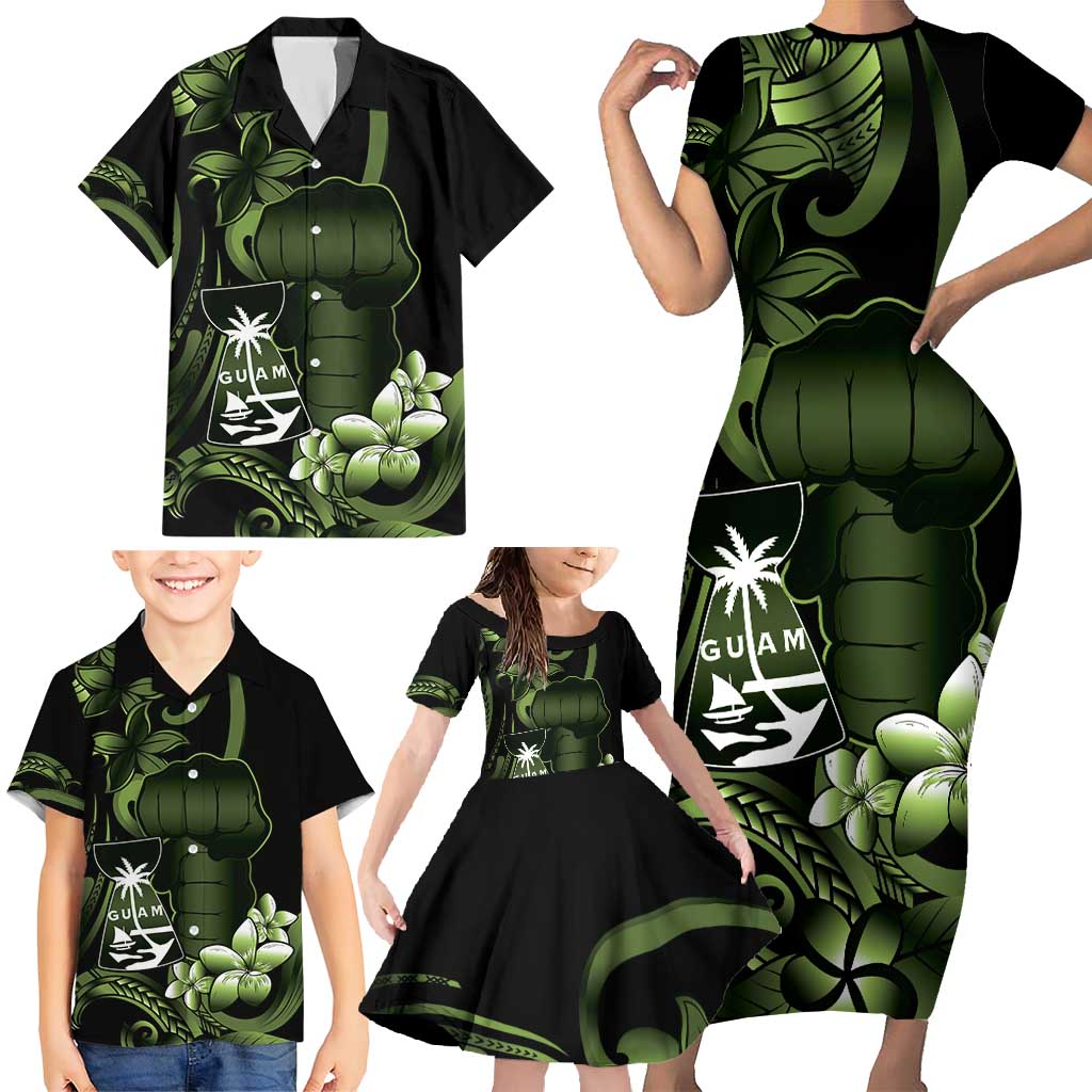 Green Hafa Adai Guam Family Matching Short Sleeve Bodycon Dress and Hawaiian Shirt Chamorro Latte Stone Hand With Plumeria