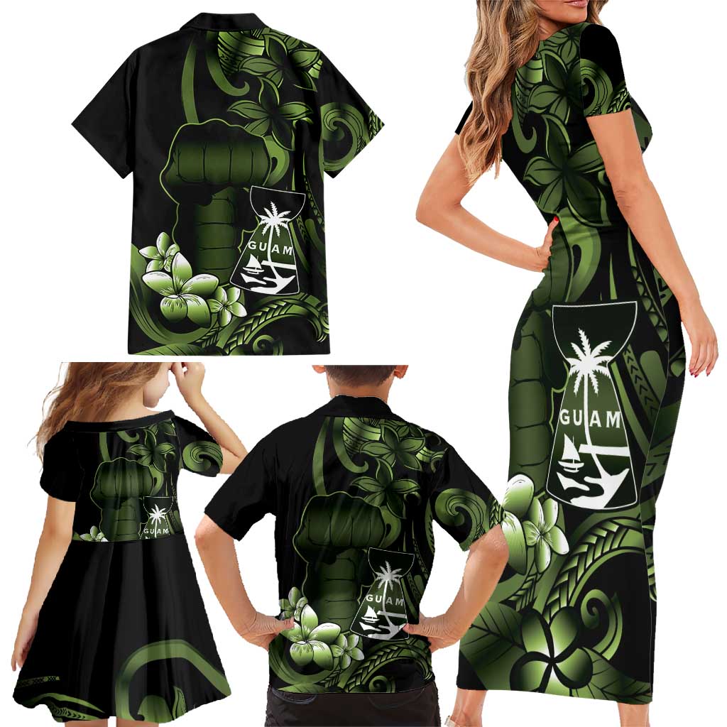 Green Hafa Adai Guam Family Matching Short Sleeve Bodycon Dress and Hawaiian Shirt Chamorro Latte Stone Hand With Plumeria