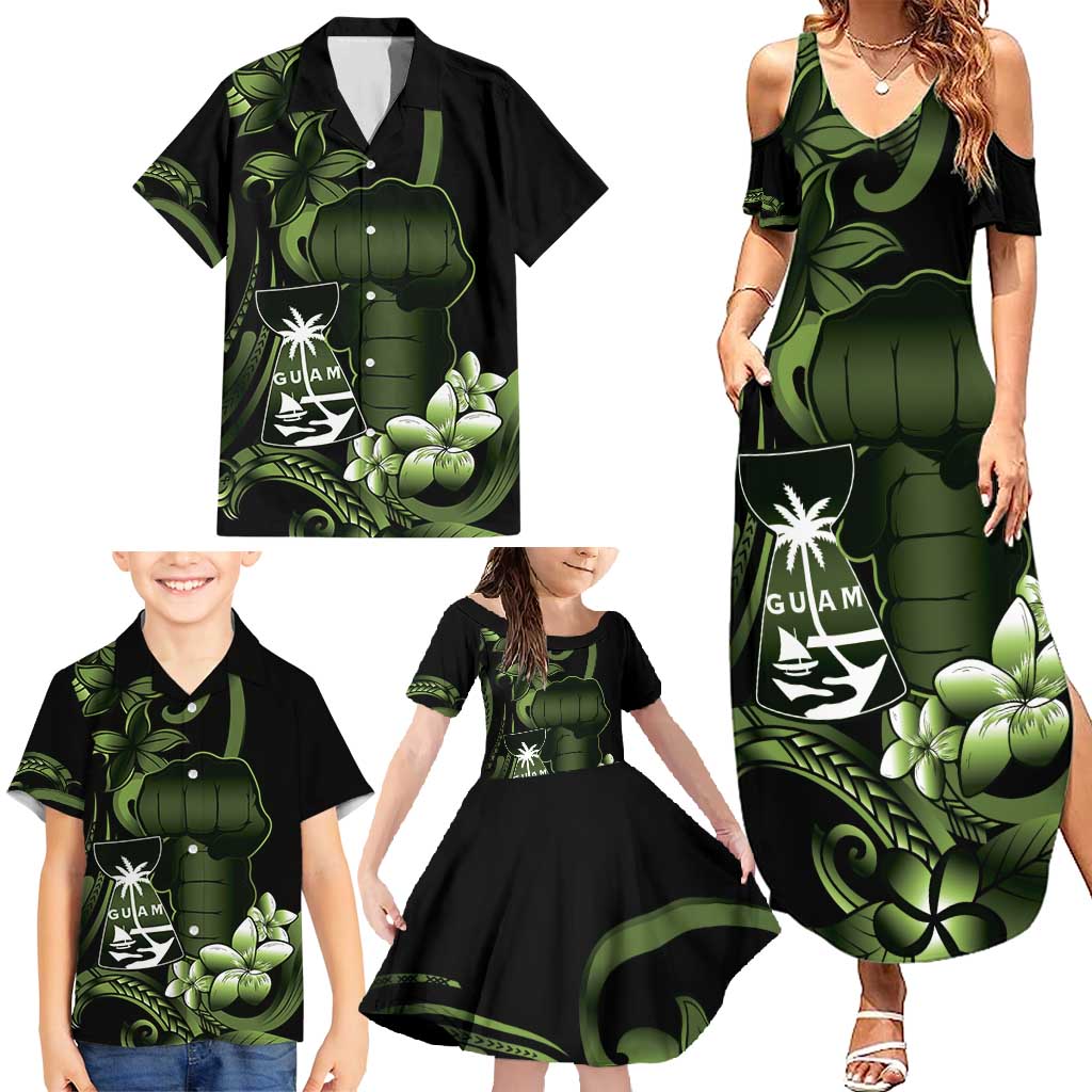 Green Hafa Adai Guam Family Matching Summer Maxi Dress and Hawaiian Shirt Chamorro Latte Stone Hand With Plumeria