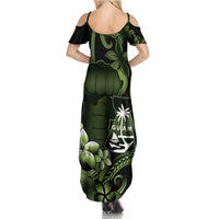 Green Hafa Adai Guam Family Matching Summer Maxi Dress and Hawaiian Shirt Chamorro Latte Stone Hand With Plumeria