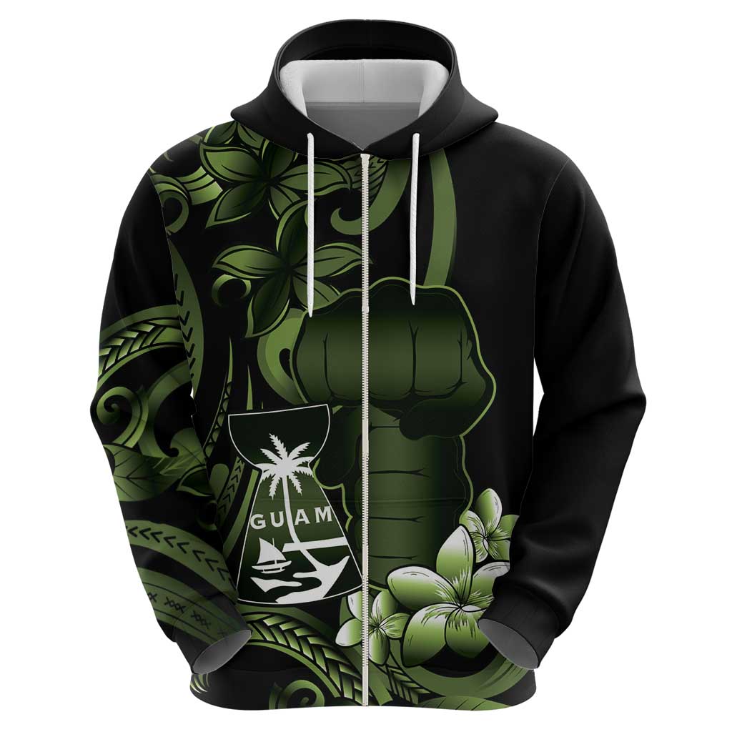 Green Hafa Adai Guam Hoodie Chamorro Latte Stone Hand With Plumeria