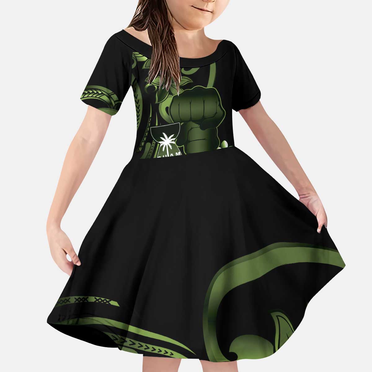Green Hafa Adai Guam Kid Short Sleeve Dress Chamorro Latte Stone Hand With Plumeria