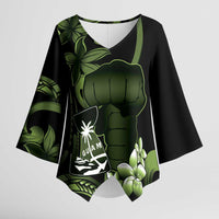 Green Hafa Adai Guam Kimono Sleeve Blouse Chamorro Latte Stone Hand With Plumeria - Polynesian Pride