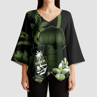 Green Hafa Adai Guam Kimono Sleeve Blouse Chamorro Latte Stone Hand With Plumeria - Polynesian Pride