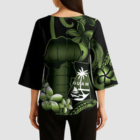 Green Hafa Adai Guam Kimono Sleeve Blouse Chamorro Latte Stone Hand With Plumeria - Polynesian Pride