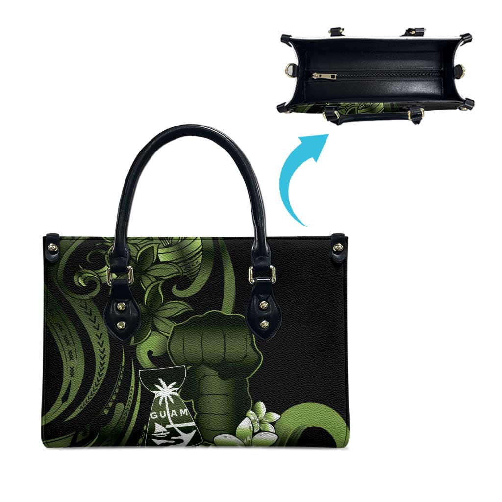 Green Hafa Adai Guam Leather Bag Chamorro Latte Stone Hand With Plumeria - Polynesian Pride