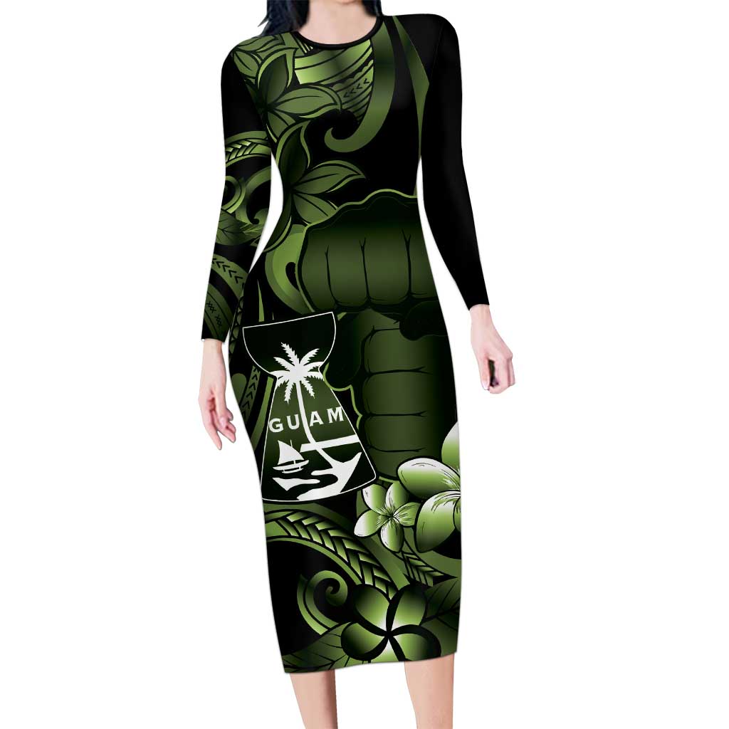 Green Hafa Adai Guam Long Sleeve Bodycon Dress Chamorro Latte Stone Hand  With Plumeria - Polynesian Pride