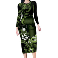 Green Hafa Adai Guam Long Sleeve Bodycon Dress Chamorro Latte Stone Hand With Plumeria
