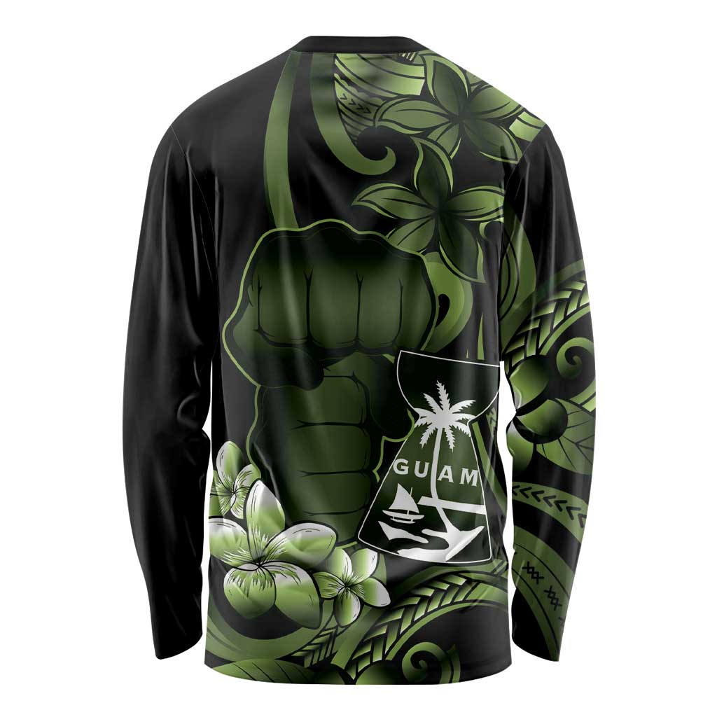 Green Hafa Adai Guam Long Sleeve Shirt Chamorro Latte Stone Hand With Plumeria