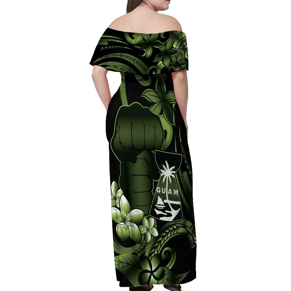 Green Hafa Adai Guam Off Shoulder Maxi Dress Chamorro Latte Stone Hand With Plumeria