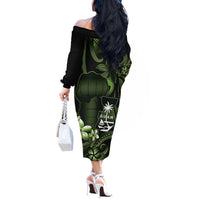 Green Hafa Adai Guam Off The Shoulder Long Sleeve Dress Chamorro Latte Stone Hand With Plumeria
