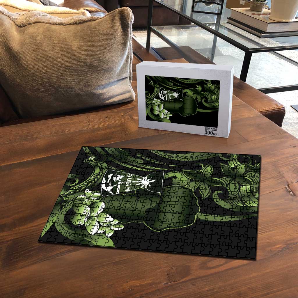 Green Hafa Adai Guam Puzzle Chamorro Latte Stone Hand With Plumeria - Polynesian Pride