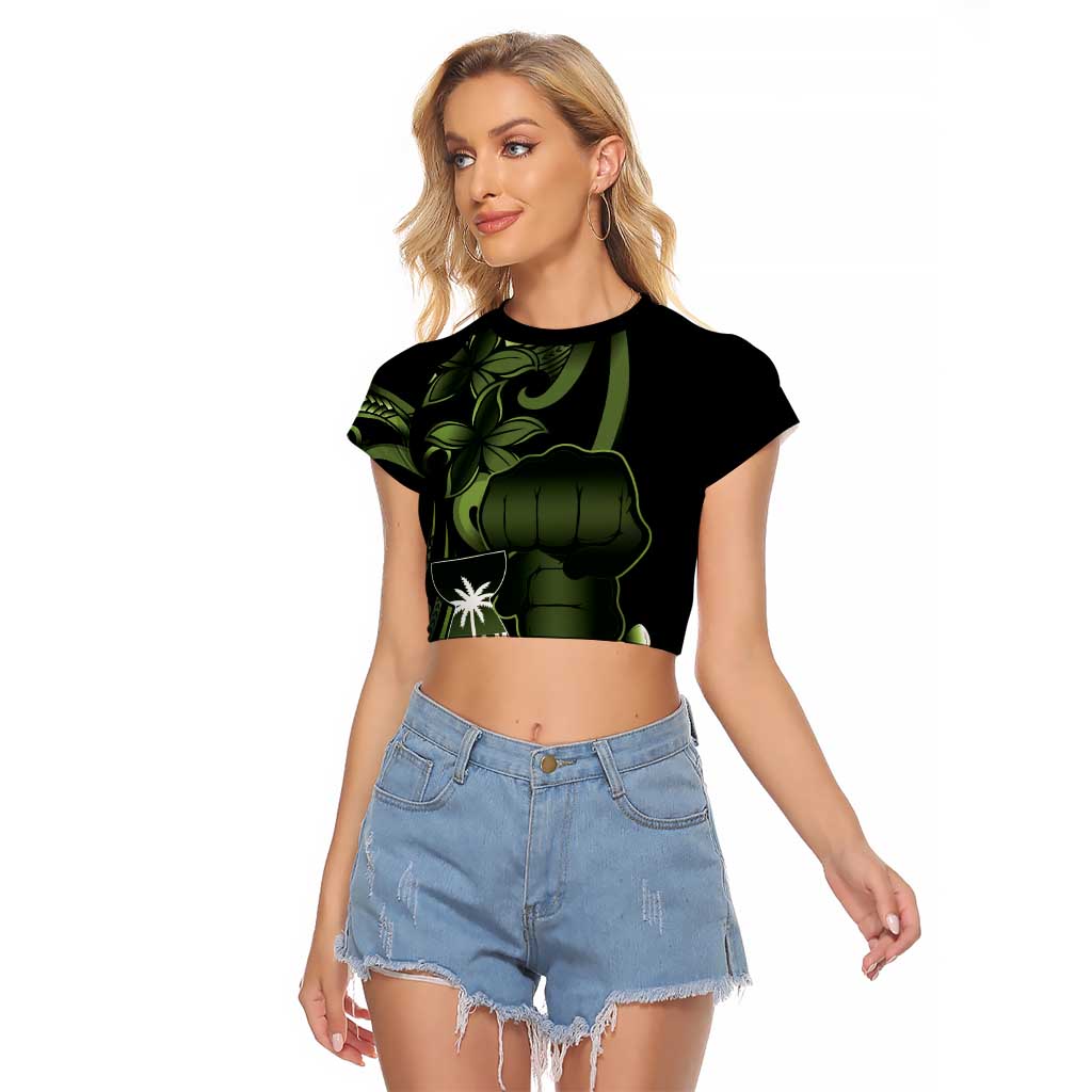 Green Hafa Adai Guam Raglan Cropped T Shirt Chamorro Latte Stone Hand With Plumeria